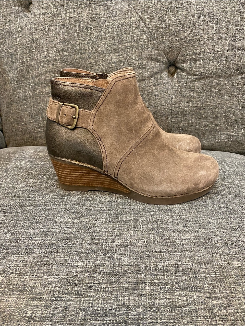 Dansko Taupe Suede Wedge Ankle Boots with Dark Brown Heel